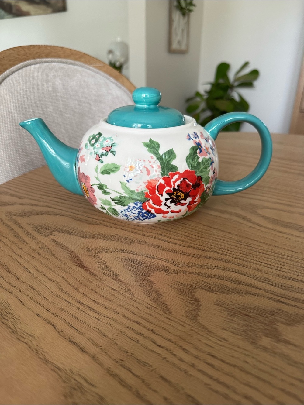 The Pioneer Woman Floral Ceramic Teapot in Turquoise and Red Accents